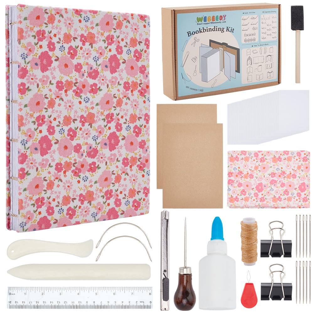 WEBEEDY Kit per rilegatrice fai da te per principianti, 56 pezzi, kit completo per la creazione di libri con ago per rilegatura, strumento pieghevole per carta, filo cerato, punteruolo per forniture