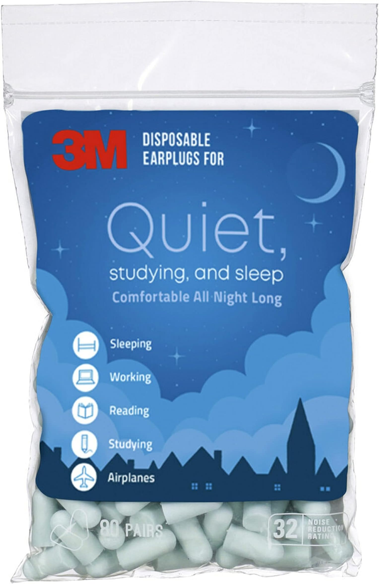 3M Disposable Earplugs, Hearing Protection for Quiet & Sleep, Light Blue, 32 NRR, 80 pairs in a resealable bag