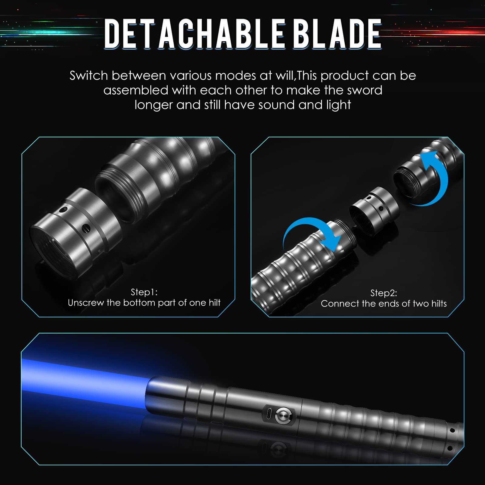 Spada Laser per Bambini e Adulti,Spada Laser Ricaricabile Via USB, Spada Laser con 15 Colori e 12 Effetti sonori, Adatta a duelli intensi