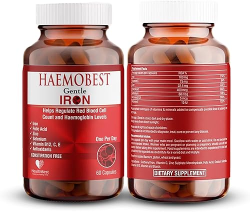 Miniatura 8 de Haemobest Cápsulas de hierro suave con vitamina C - 60 unidades - Aumenta la hemoglobina, suave con el estómago - Fórmula no estreñedora - Mejora el