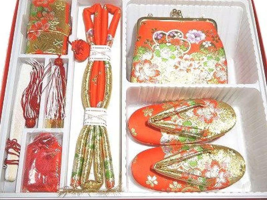 七五三お祝い 女児 箱迫 はこせこ7点セット 3歳用 金襴 赤地