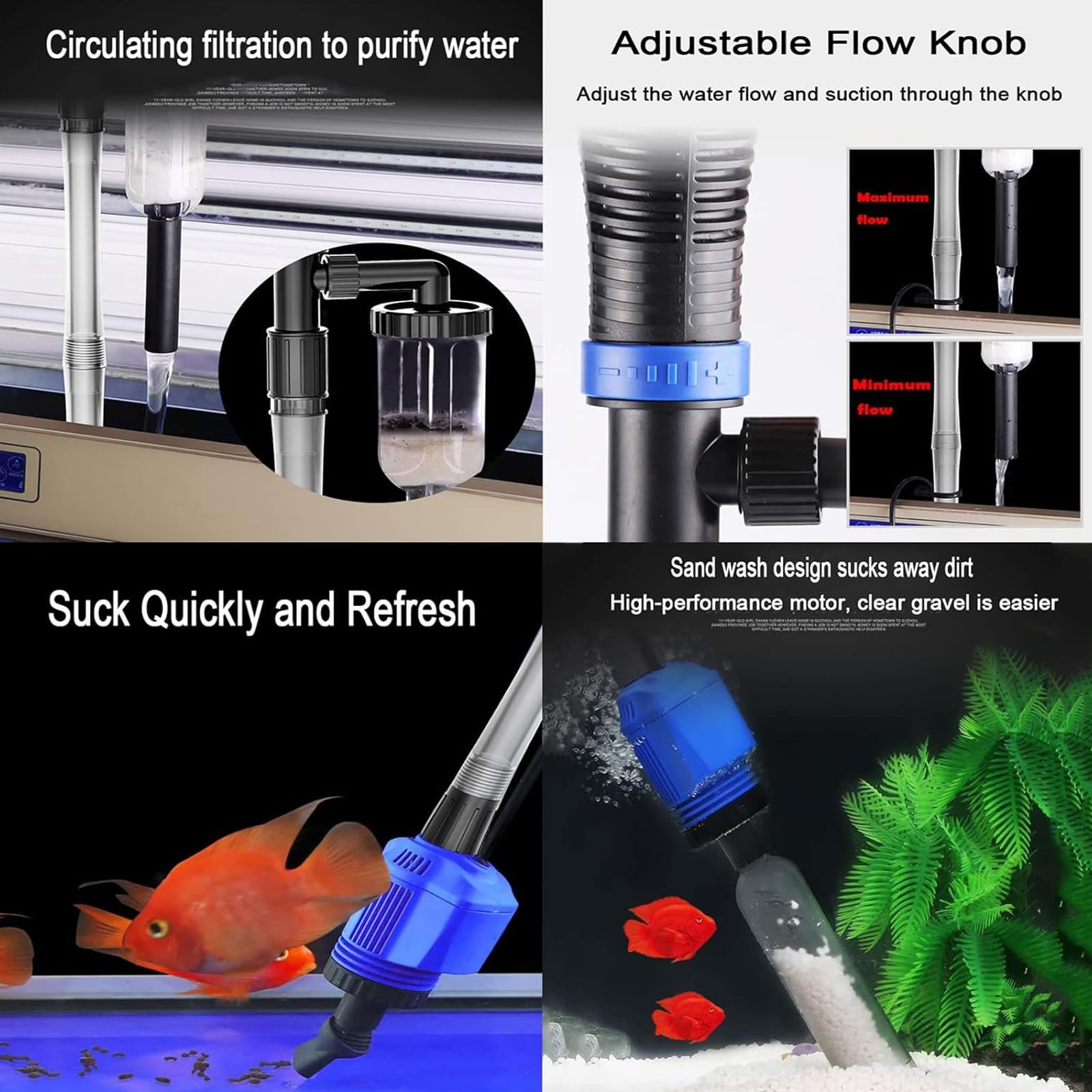 Aspirateur Électrique pour Aquarium, 4En1 Kit De Siphon D'aquarium, 20W Changeur d'eau Laveur De Sable Nettoyage des Débris Filtre Aspirateur De Gravier Électrique Convient pour Aquarium
