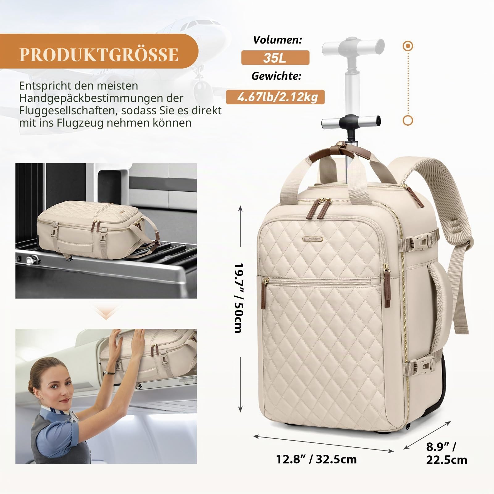 Reiserucksack Damen Rucksack Handgepäck Flugzeug 17 Zoll Laptop Rucksack Herren Wasserdicht Reisetasche Groß Travel Backpack Women Weekender Bag für Reise Arbeit,Aprikose