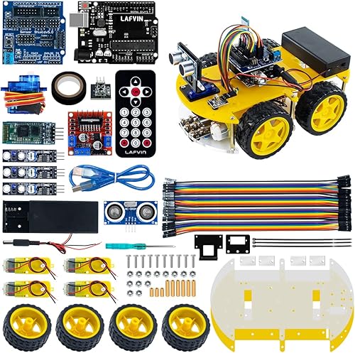 LAFVIN Kit de coche robot inteligente incluye sensor ultrasónico, placa R3 compatible con Arduino IDE con tutorial