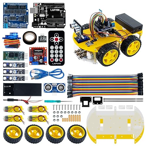 Kit de Coche Robótico Inteligente LAFVIN Incluye Sensor Ultrasónico, Placa R3 Compatible con Arduino IDE con Tutorial