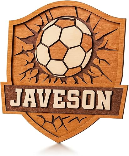 Letrero personalizado con nombre de fútbol  Placa de madera en capas 3D personalizada, decoración de pared de abedul de 5 capas, decoración de sala