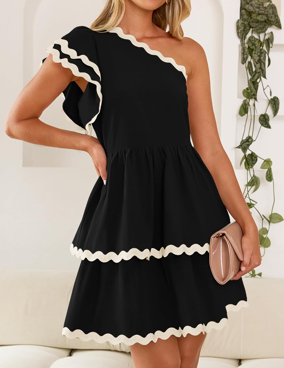 ZESICA Women's 2025 Summer One Shoulder Dresses Ruffle Short Sleeve Tiered Layered Swing A Line Mini Sundress - Image 5