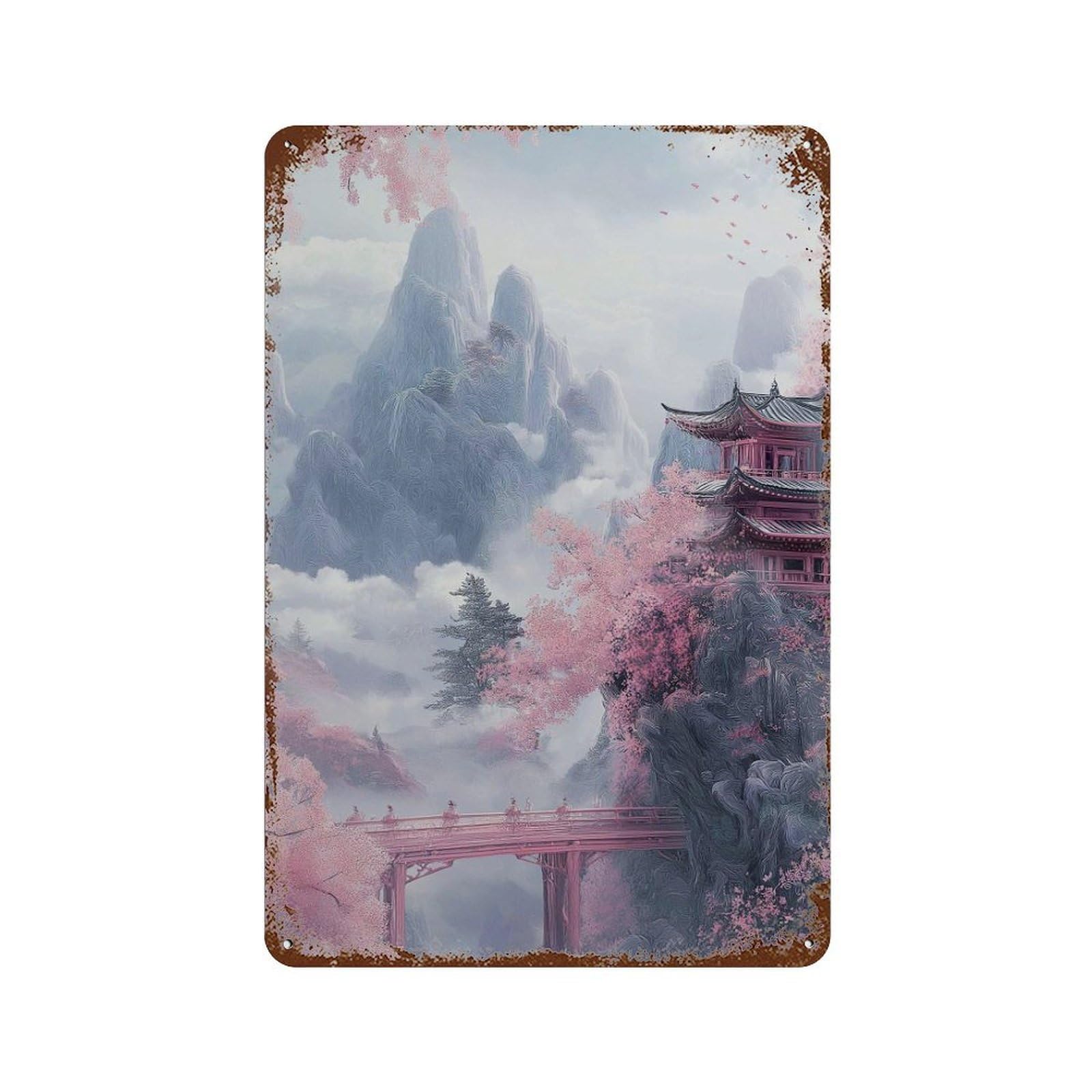 xiaoxiaoshen Cherry Blossom Mountain Japanese Bridge Tranquil Pink Landscape Wall Decor Art Metal Tin Poster Modern Home Decor Art Home Bar Shop Decorations Vintage Sign 30x20cm