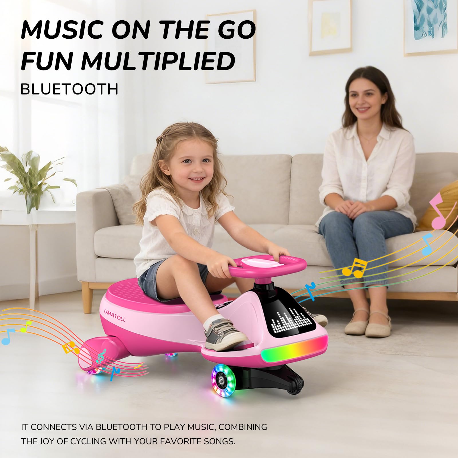 Umatoll Coche Eléctrico 12V para Niños con Pedal, Pantalla, Batería Recargable, Luz LED, Bluetooth, Ruedas Iluminadas, Antivuelco, 2 Velocidades, Juguete, Regalo +3 Años, Carga Máxima 68 kg