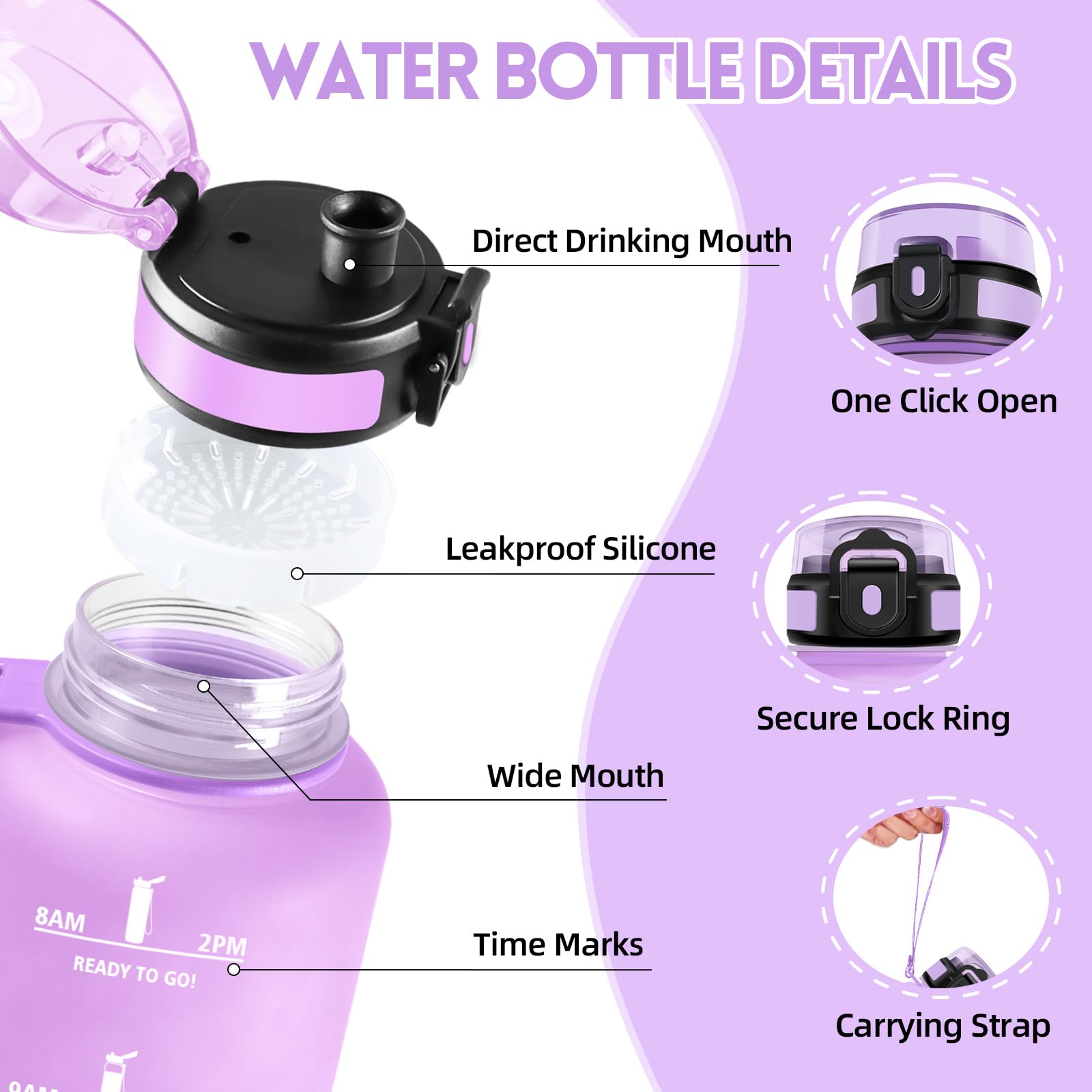 Motswedi Borraccia 1.5l, Borraccia Palestra, a Prova di Perdite Bottiglia acqua, Include Spugna di Pulizia, Motivazionale Bottiglia Plastica 1.5 litri - Lilla Delicato & Rosa Chiaro