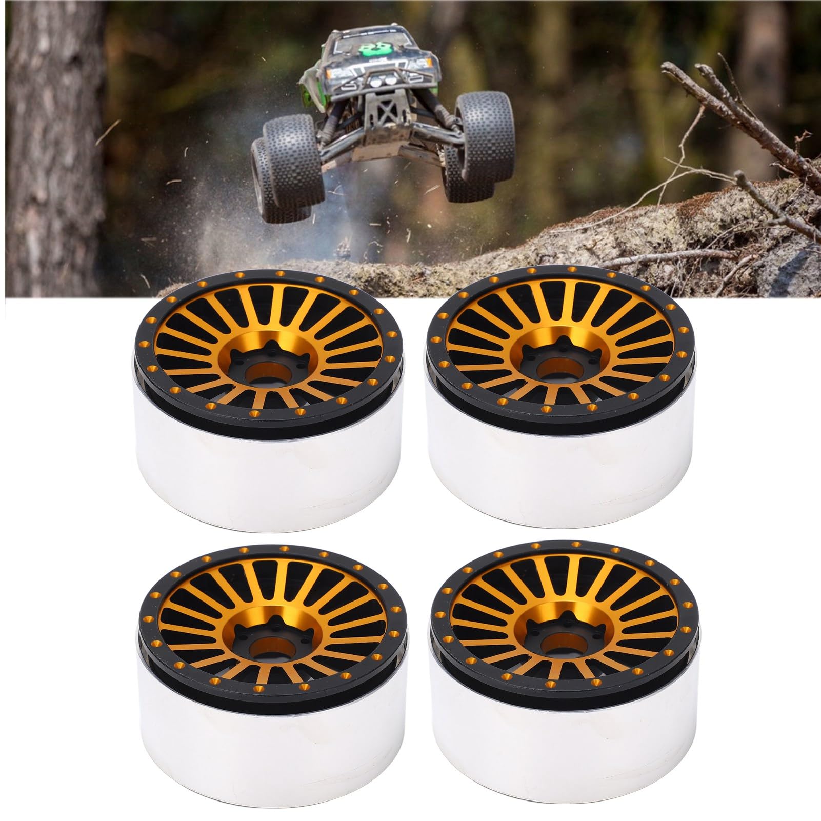 Cerchio in lega di alluminio RC da 2,6 pollici, 4 pezzi; cerchio metallico per auto RC, facile da installare e dal design leggero; ricambio per Axial RR10 90048, parti per auto RC (Oro)