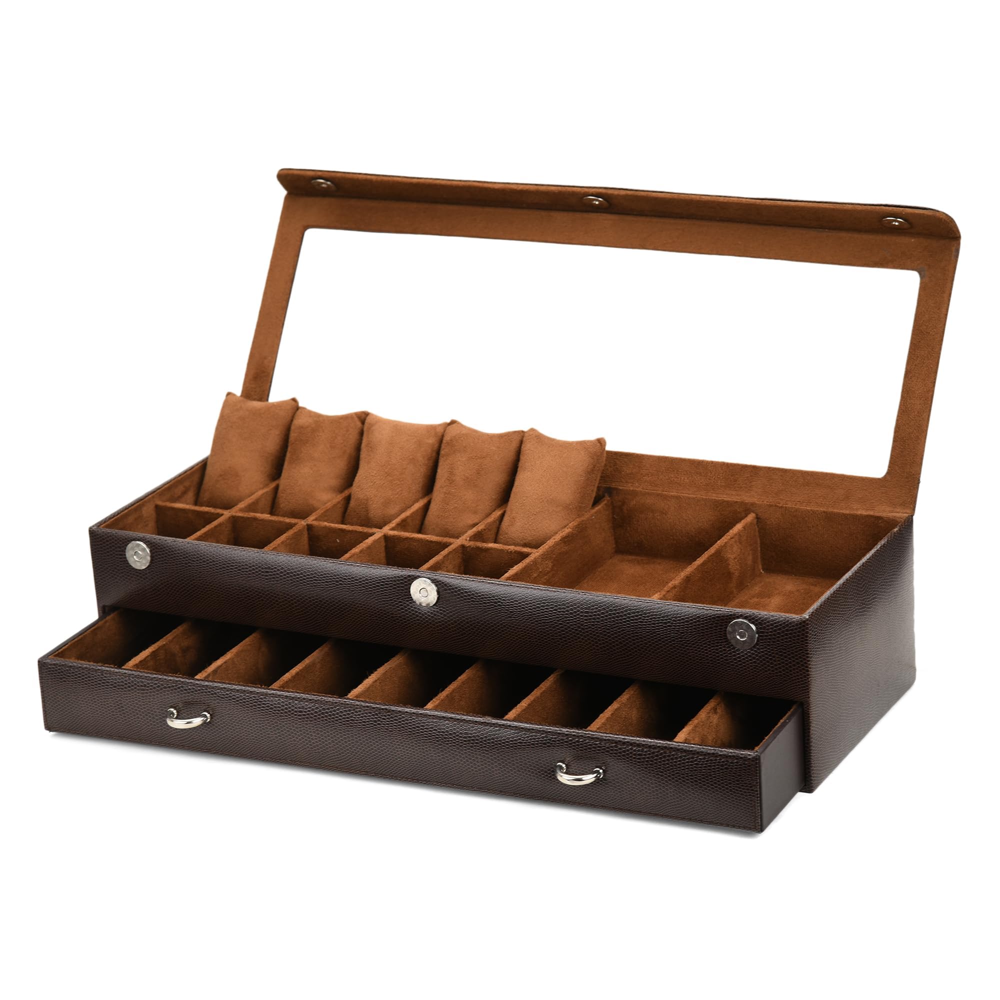 Faux Leather Croro-Finish-Print Sunglasses case Double Storey Magnetic Closure Sunglasses Box Organizer, Transparent lid Feature