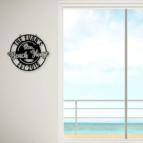 Miniatura 3 de Beach House - Letrero de pared de metal personalizado con fecha establecida, personalizado con apellido familiar y fecha de estado, colgador redondo