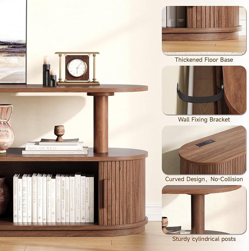 ONBRILL 63" Fluted TV Stand with Power Outlets & Storage for 80" TV, Walnut image 5