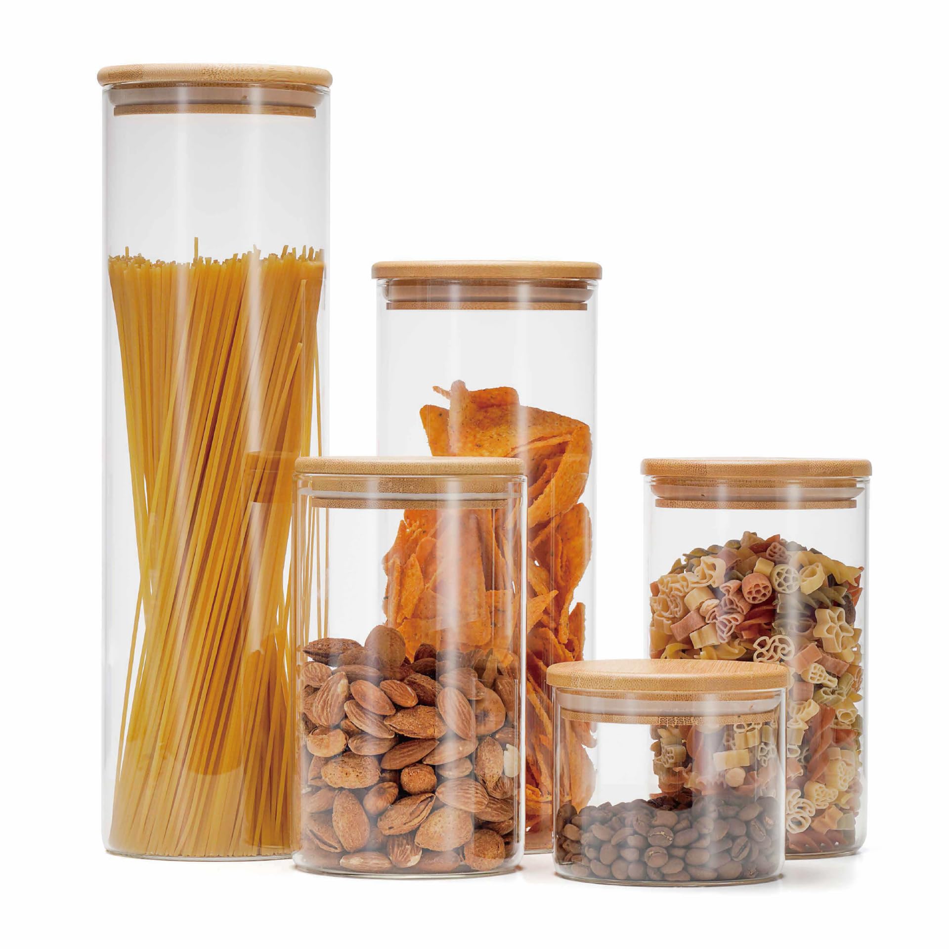 Lacers PurpleLine – Contenedores de almacenamiento de 10 piezas, cristal, juego de 5 recipientes + 5 tapas, tapa de bambú, 450 ml, 2 x 1000 ml, 1500 ml, 2000 ml, recipiente hermético