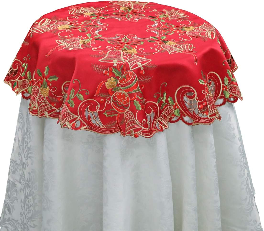 Creative Linens Holiday Christmas Tablecloth 33" Square Embroidered Bell Ornament Pine Cone Winter Table Topper Red Gold
