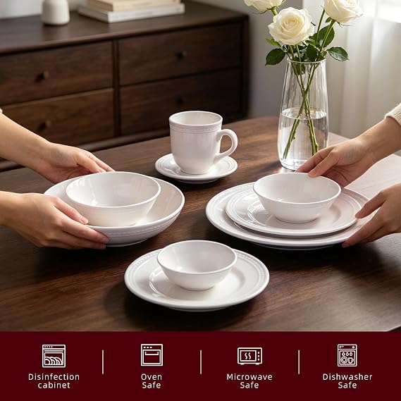 HomeVss, Pearl Dots Stoneware Dinnerware Set (56pc Set, White)