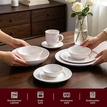 HomeVss, Pearl Dots Stoneware Dinnerware Set (56pc Set, White)