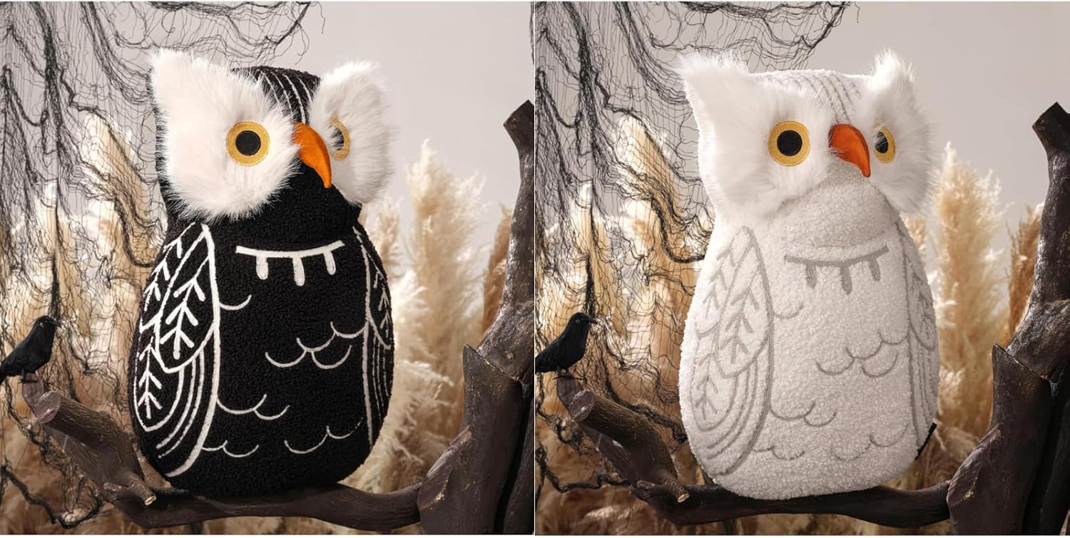 Phantoscope Bundle -Halloween Teddy Owl Shaped Pillow with 3D Beak Black and White, 17.5 x 11 inches