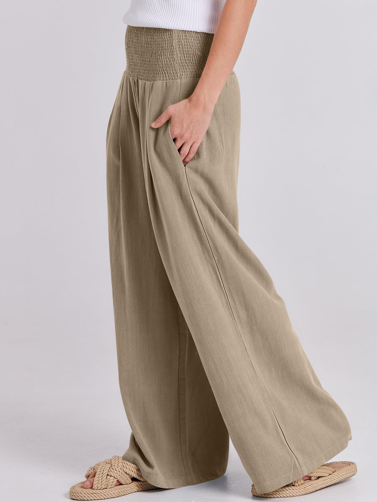 ANRABESS Women Linen Palazzo Pants Summer Boho Wide Leg High Waist Casual Lounge Pant 2025 Beach Travel Vacation Outfits: Brown Small