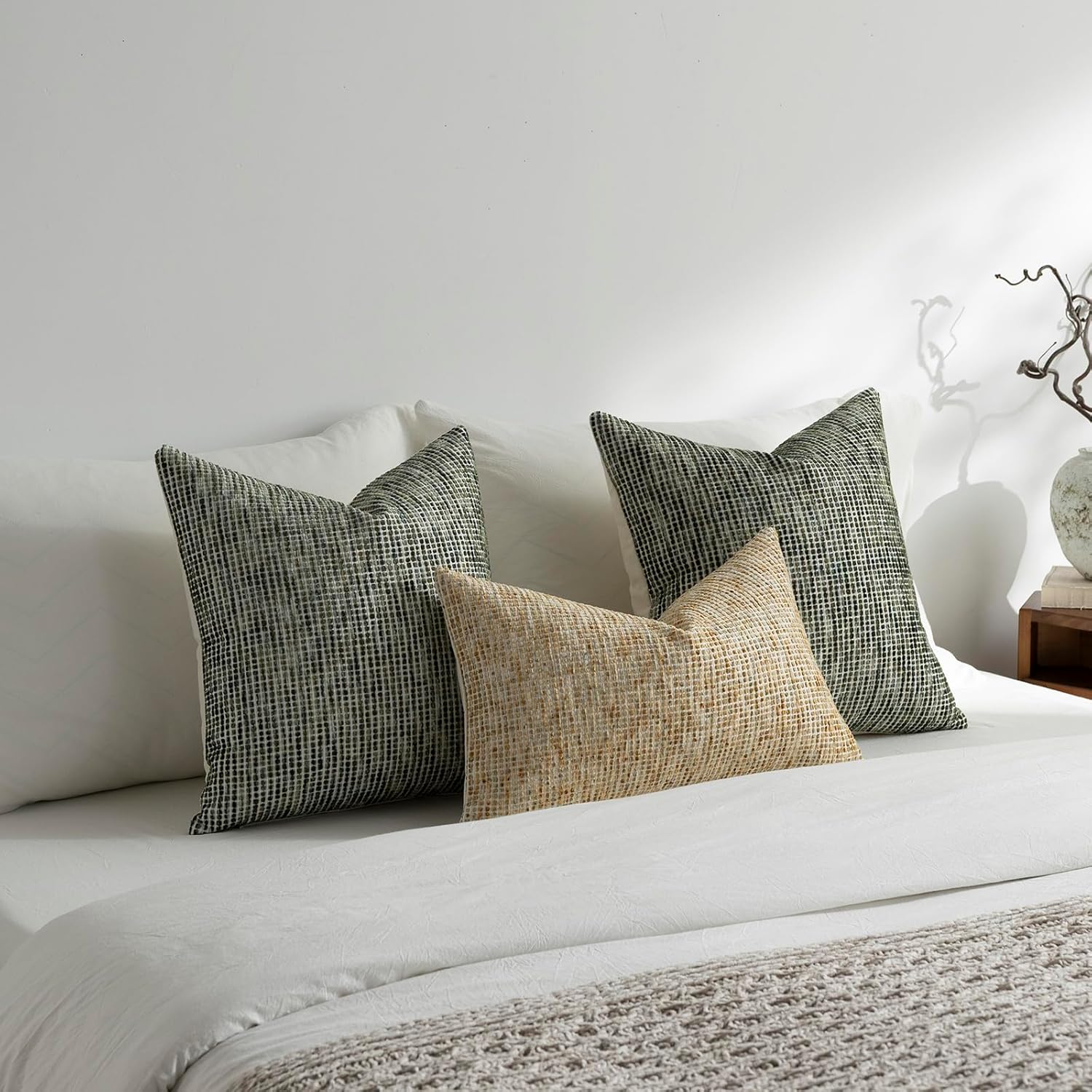 Pack of 2 Neutral Throw Pillow Covers 22x22 Boho Textured Dots Stripe Chenille Large Square Decorative Pillow Cases Accents for Living Room Couch Bed Farmhouse Home Decor, Olive Green