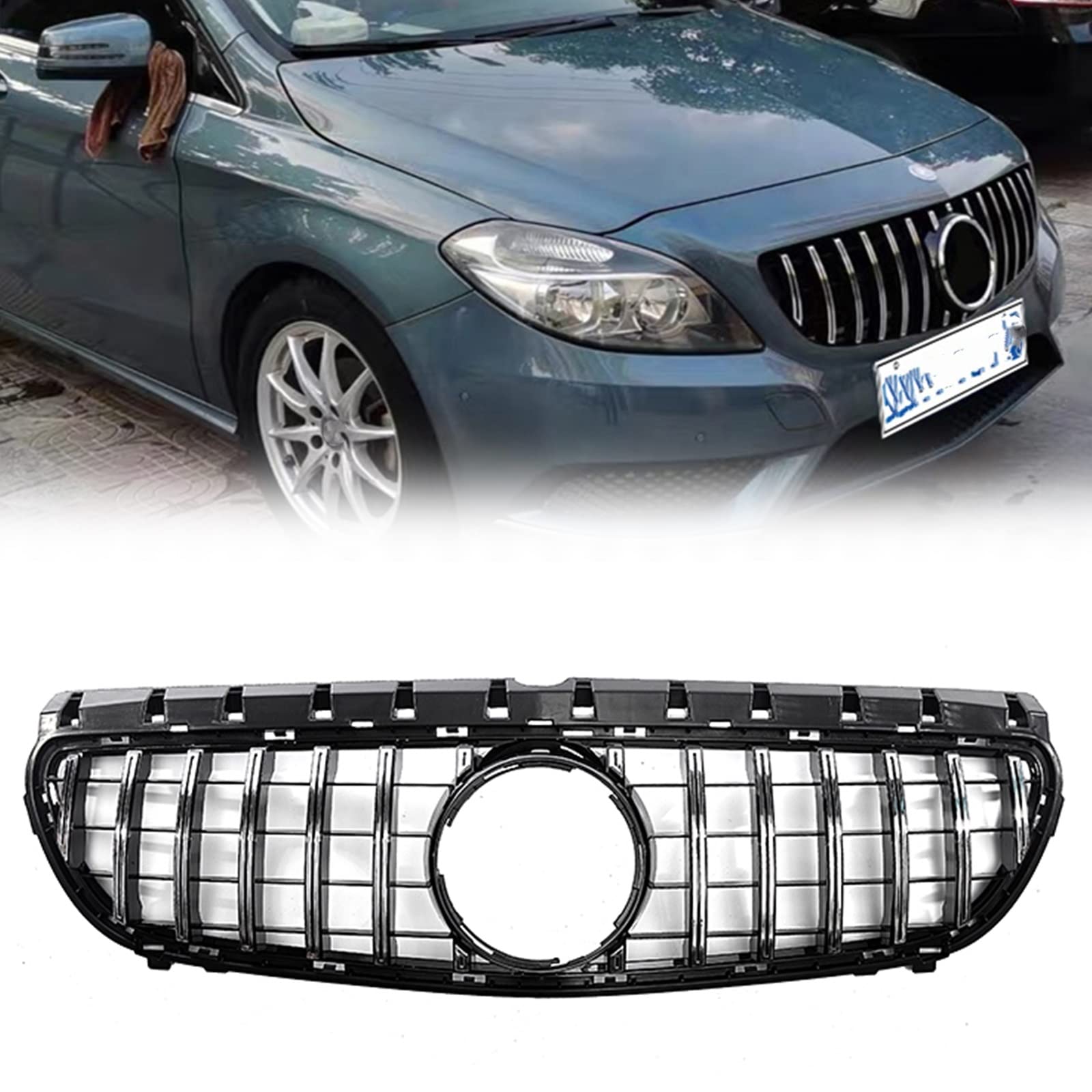 CHEVVY GT R ​​Style Griglia Anteriore Griglia da Corsa Argento Paraurti Superiore Cappuccio di Aspirazione Maglia per Benz Classe B W246 2015-2019 B180 B250 Accessori