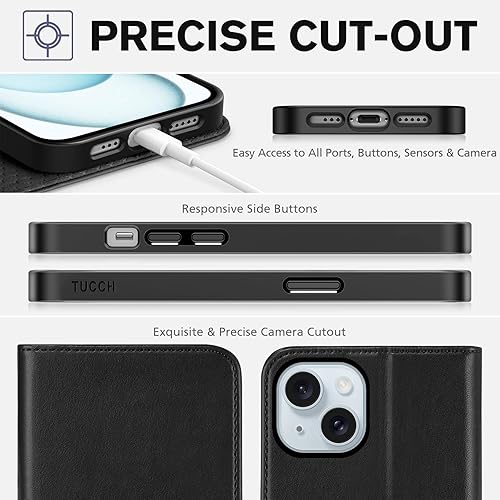 Miniatura 7 de TUCCH Funda tipo cartera para iPhone 15 de 6.1 pulgadas, 3 ranuras para tarjetas con función atril de piel sintética bloqueo RFID, funda abatible