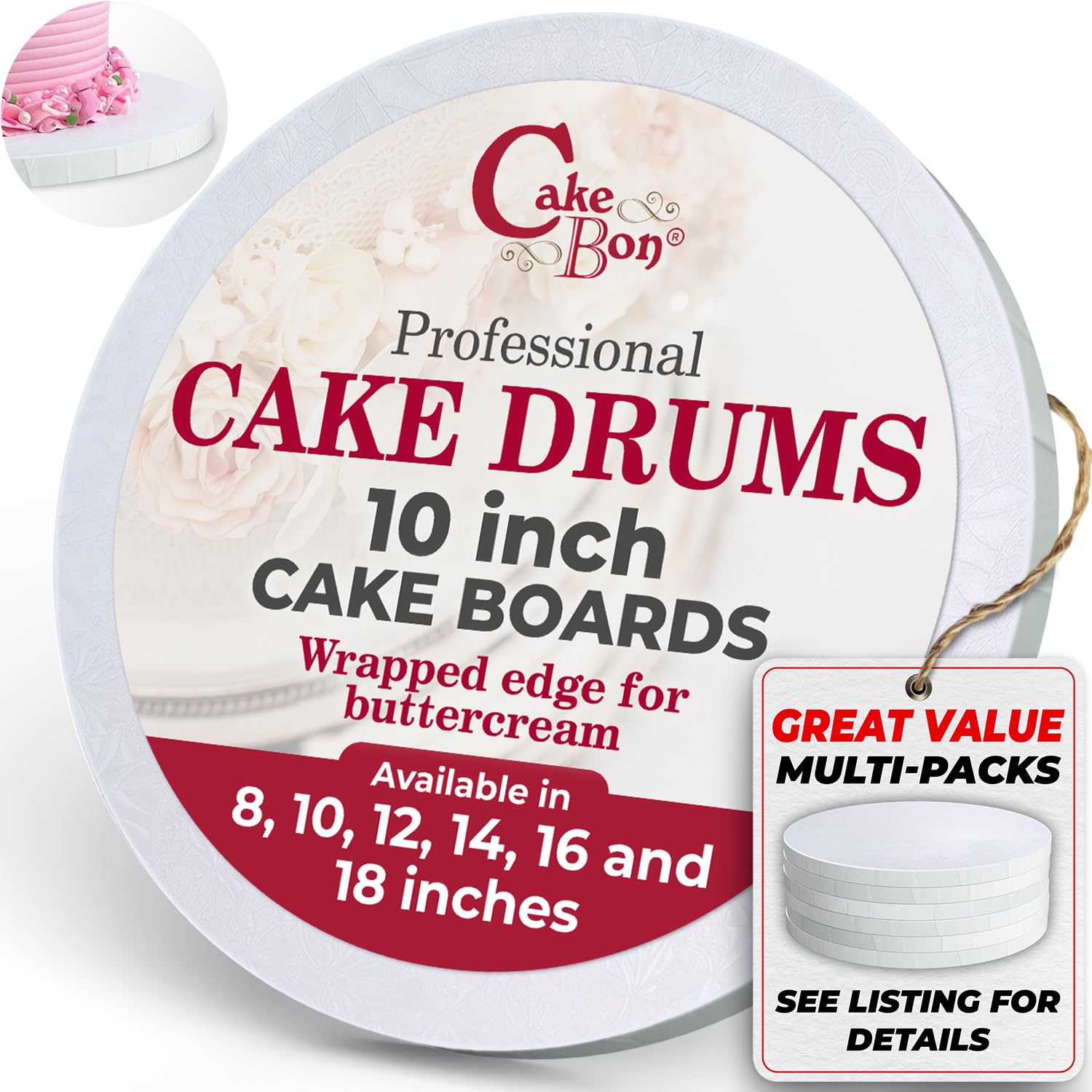 Cakebon Round Cake Boards - Sturdy 1/2 Thick Drums - 10 Inch Professional Fully Wrapped Edges White 1-Pack