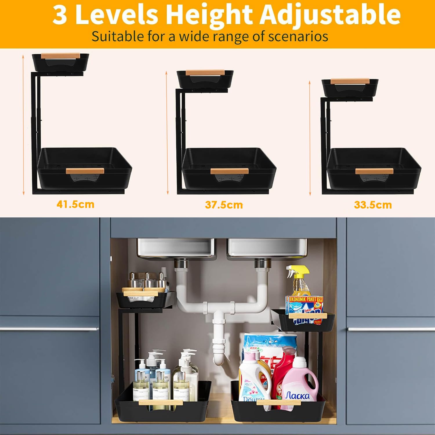 Organizery Schowek Pod Zlewem z Wysuwaną Szufladą w Kształcie Litery L, Regulowaną Na 3 Poziomy (33,5–41,5 Cm), Abs + Stal Węglowa Ultra, Nośność 22 Kg