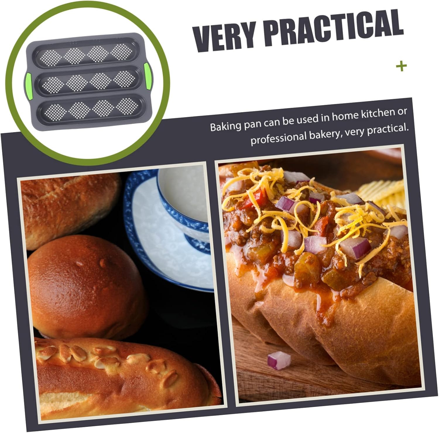 COLLBATH Multi-function Silicone Baguette Pan Perforated Bread Mold with Handle for Home Professional Baking for Whole and French Bread Deep Gray Green Design