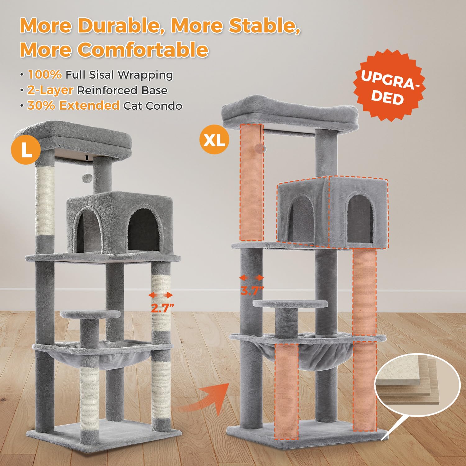 PAWZ Road Albero per gatti grande da 147 cm, con tiragraffi ispessiti (φ3,7 pollici) per gatti adulti di grandi dimensioni, 13,6 kg, centro attività multi-livello con struttura in metallo, amaca e