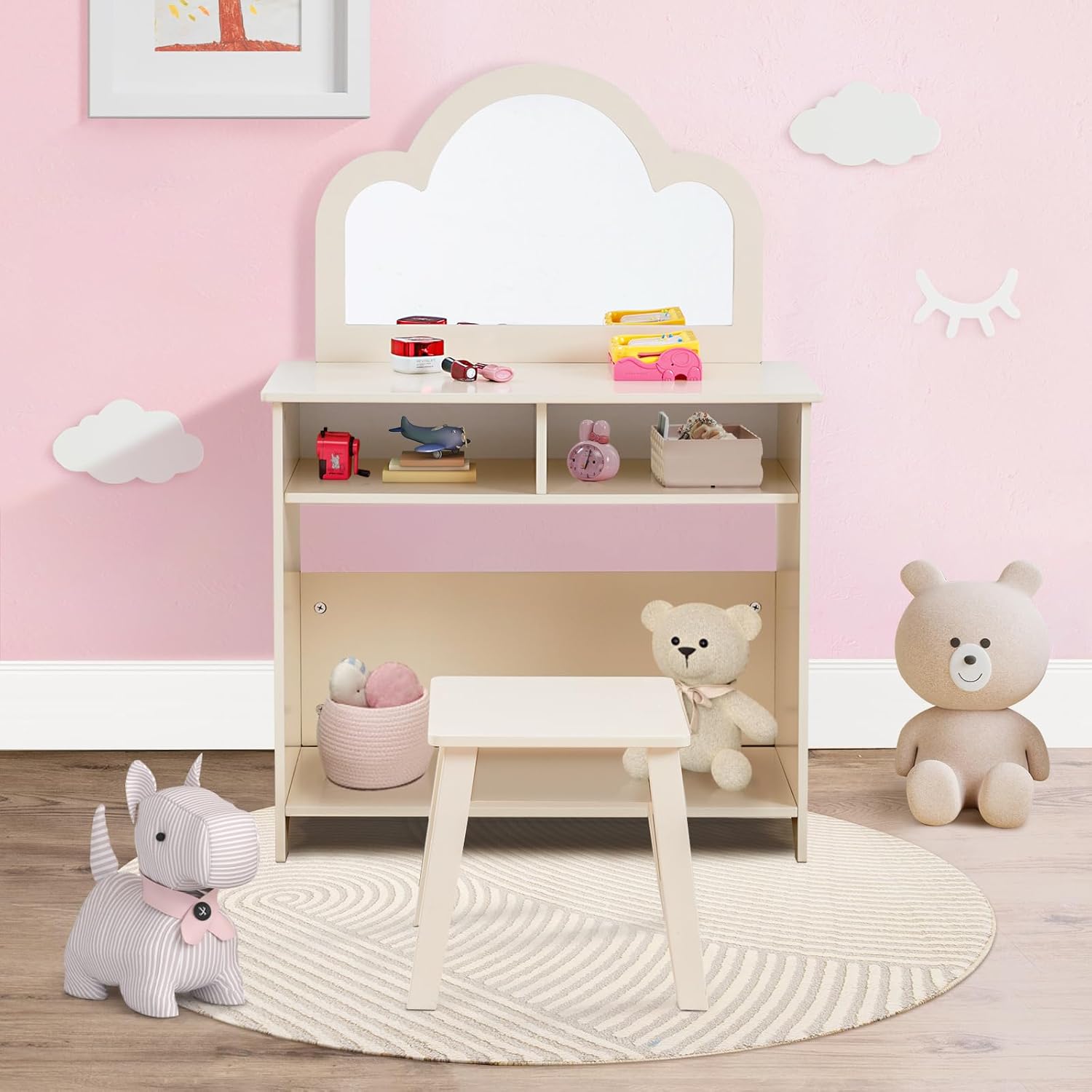 Kids Vanity, Girls Vanity Set with Mirror and Stool,Toddler Vanity with Cloud Mirror