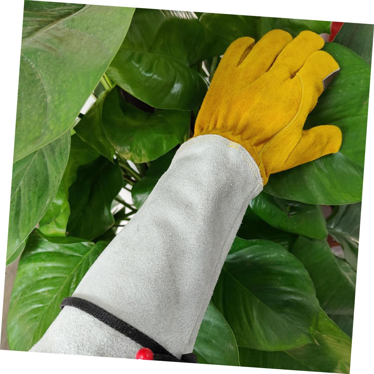 Uonlytech Thorn Proof Leather Gardening Gloves Extended Length Pruning Gloves for Garden Work with Gold and White Cowhide Size L Sturdy Protective Gear for Outdoor Use