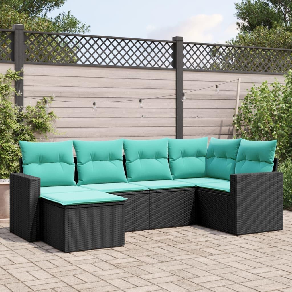 vidaXL Patio Sofa Set with Cushions - 6 Piece Black Poly Rattan Outdoor Furniture - Ideal for Gardens, Backyards, and Terraces