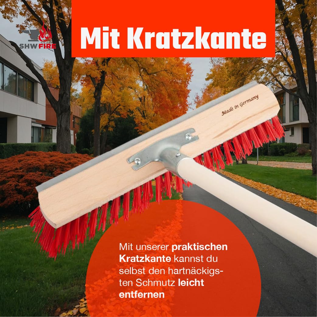 SHW-FIRE | Straßenbesen 40 cm breit mit Kratzkante, langlebige Elaston-Borsten, 140 cm Espenholzstiel - robuster Besen mit Stiel für Straße, Hof & Garten | Made in Germany