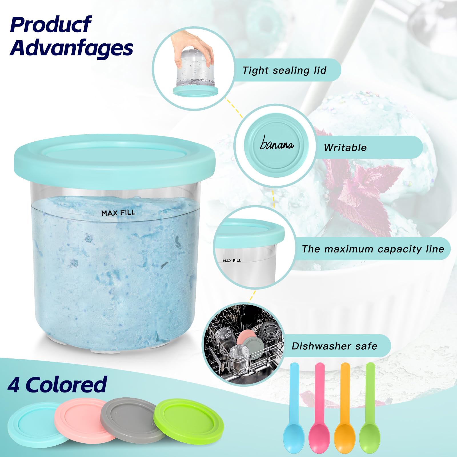 Forhome Contenitori di ricambio per ninja creami pinte e coperchi, confezione da 4 tazze, compatibili con la macchina per gelato della serie NC299AM C300s Series BPA, lavabili in