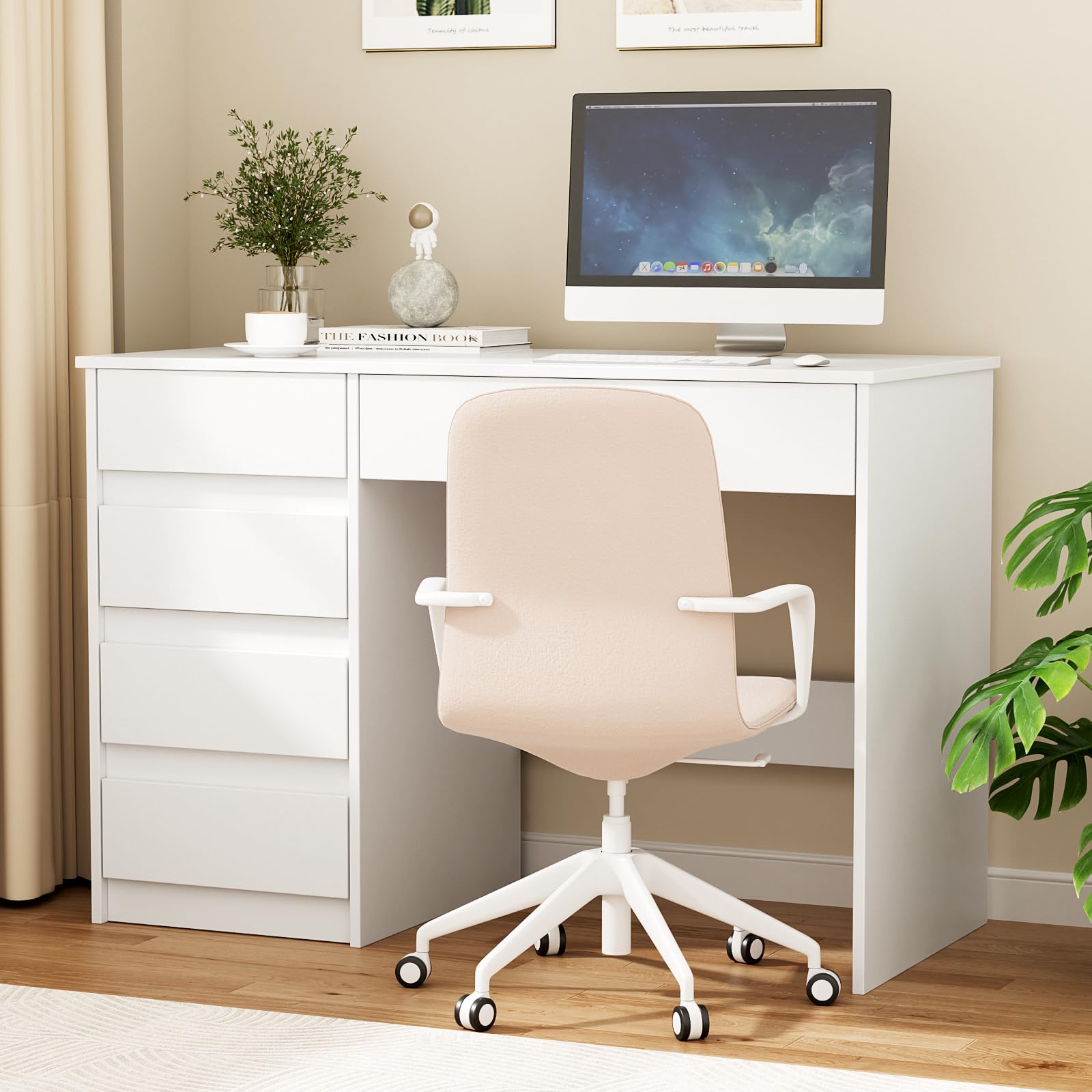 VOWNER Scrivania per Computer, Scrivania Salvaspazio con 5 Cassetti da Ufficio Salvaspazio Cameretta, per Ufficio/Camera da Letto, 110x50x75cm (Bianco)