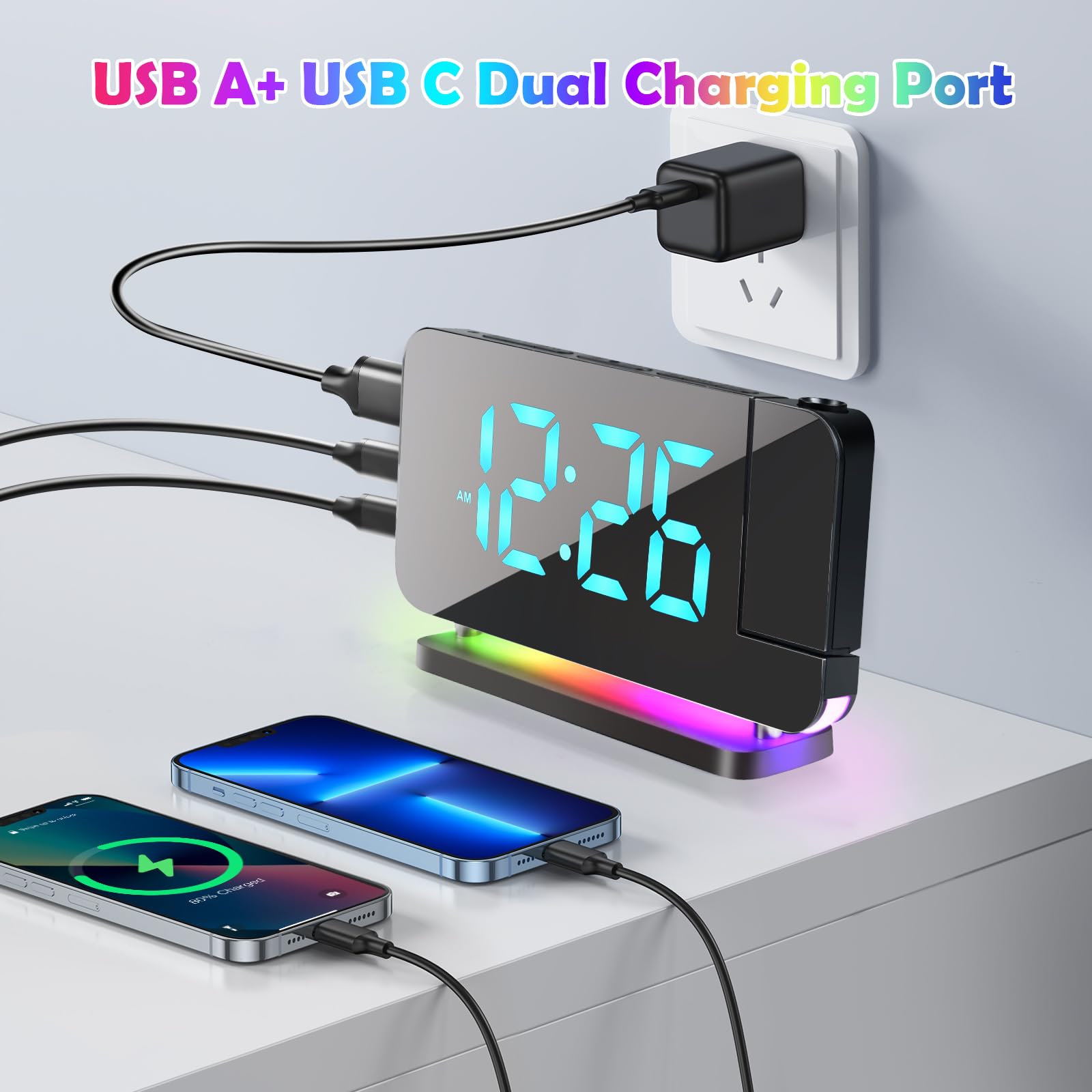 Euakee Réveil Numérique, Réveil avec Projection, Horloge Miroir LED 7.4", Veilleuse 10 Couleurs, Projecteur Rotatif 180°, Chargeur USB-C, Réveils Projection pour Enfants Chambre Filles Garçons (Noir)
