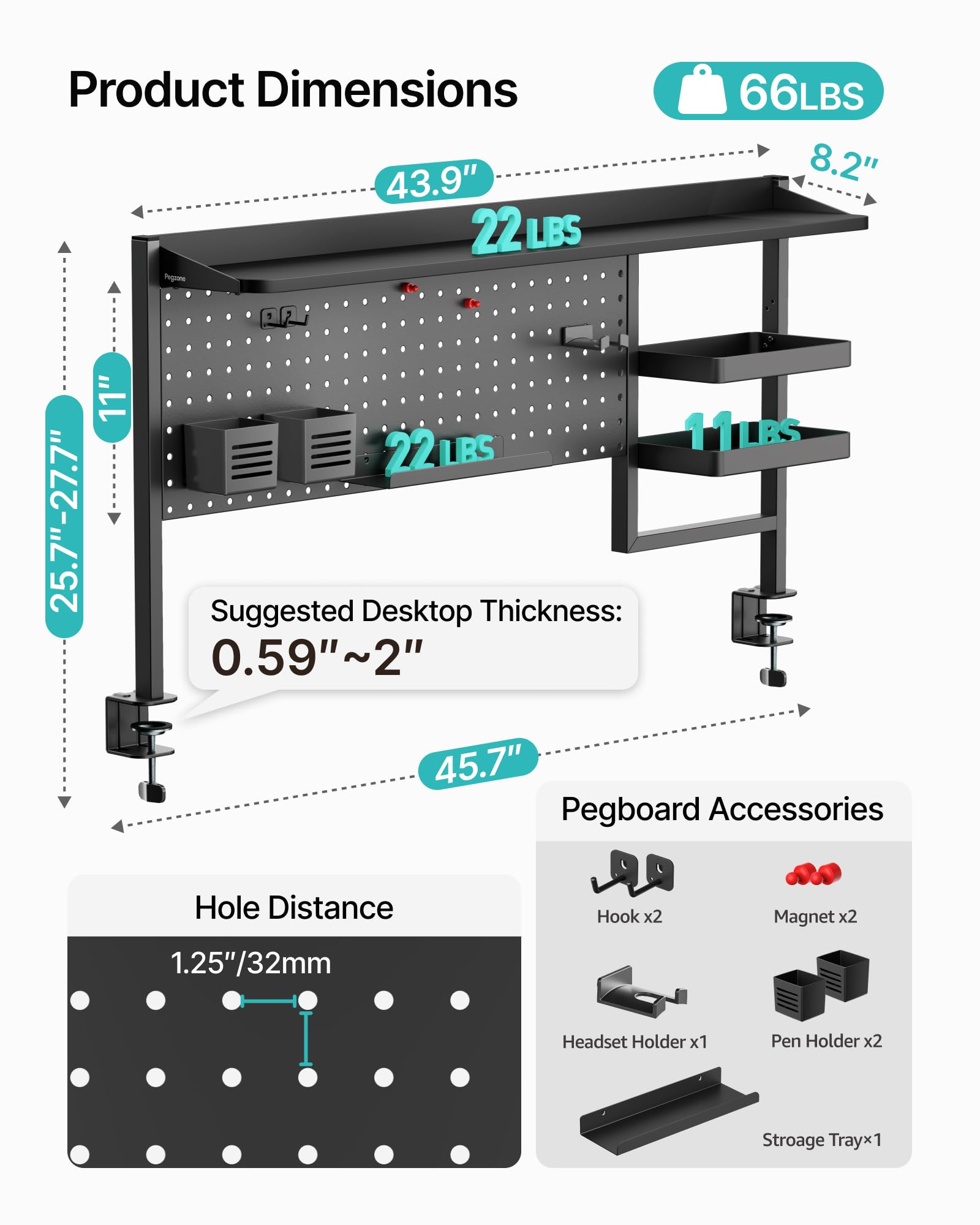 Desktop Storage Shelf With Hooks Clamp-On Desk Shelf With Pegboard (Black, 39.4") - 2-Tier Organizer For Home Office, No Drilling Home Office Organizer - View #3