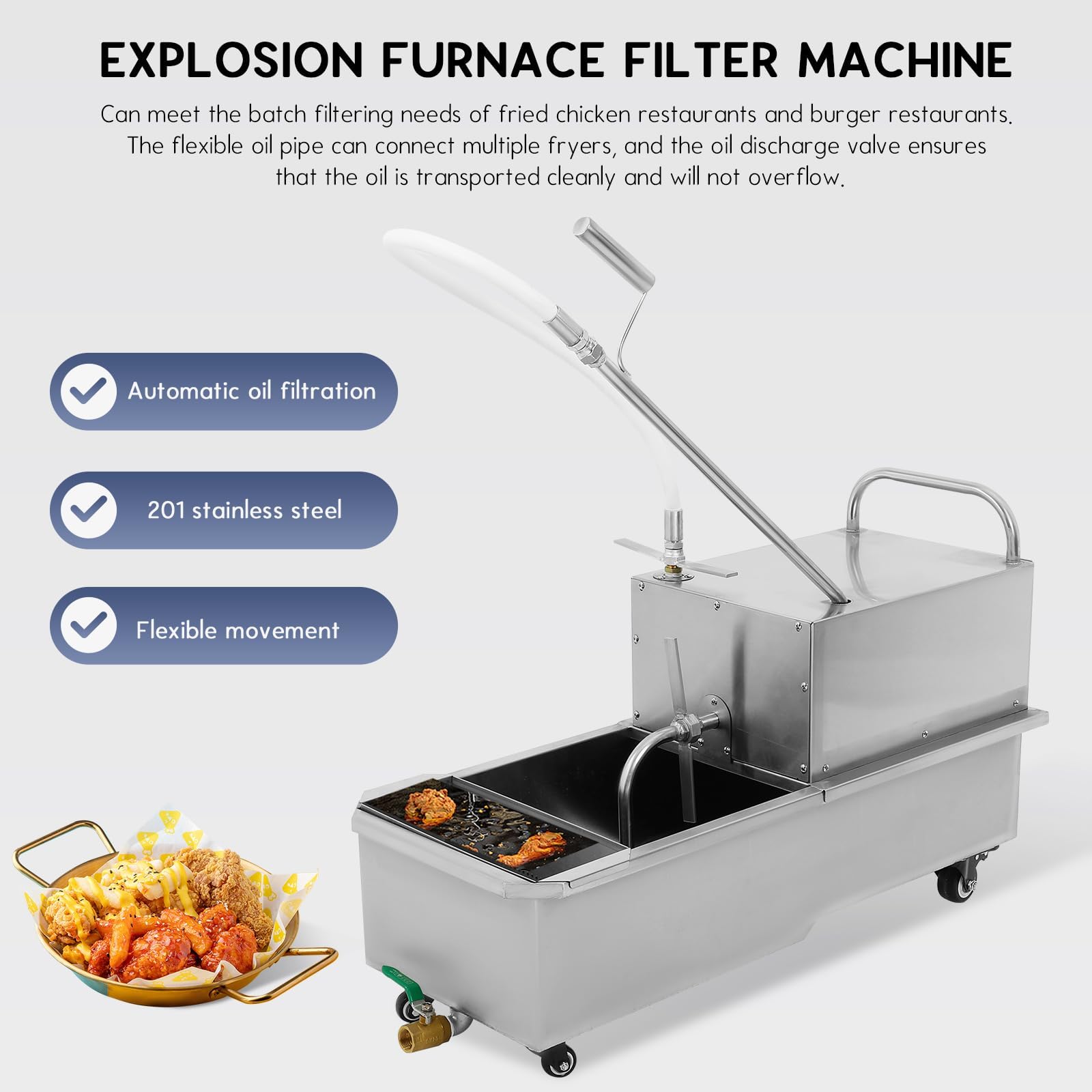 Carro de filtro de aceite para freidora móvil de acero inoxidable, sistema de filtración de aceite de 58 litros para un filtrado rápido en restaurantes y supermercados