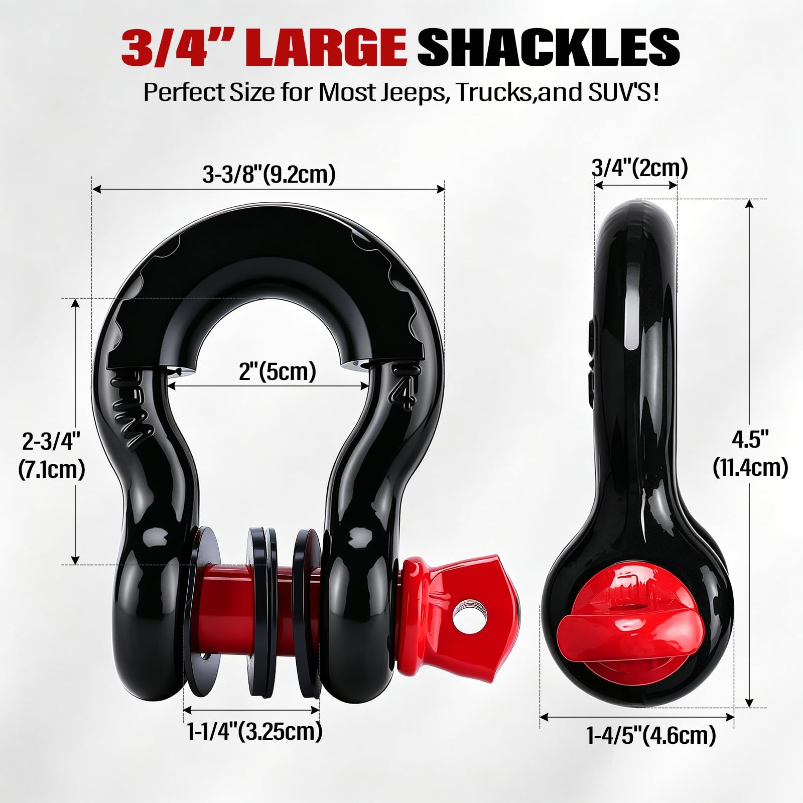 BOOMSTART Grillo da traino da 4,75 t, 19 mm, grande grillo in acciaio zincato, 4 pezzi con bullone a vite, gomma protettiva, anello a D offroad, per traino e sollevamento auto (nero e rosso)