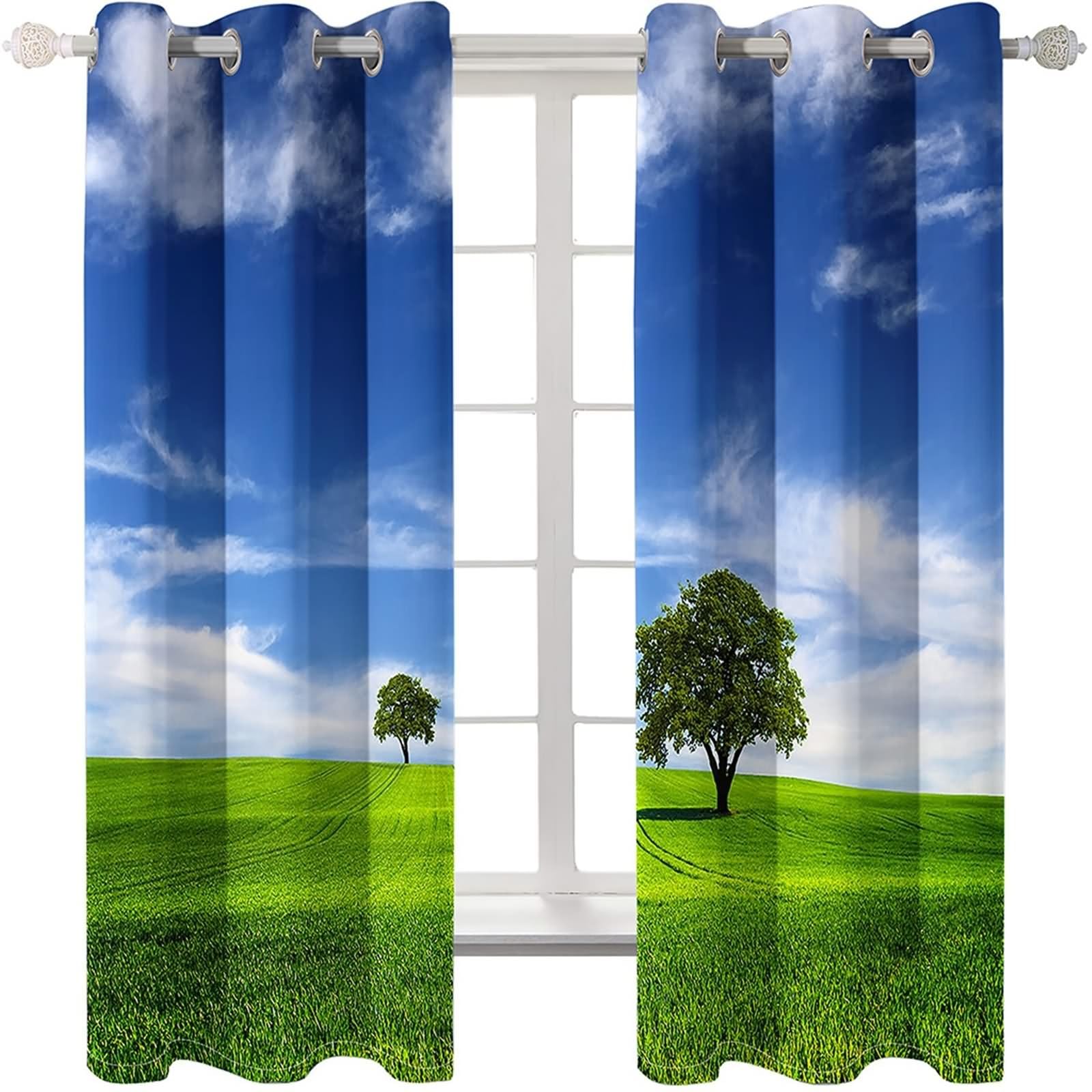 Czeska Krótka Kurtyna, Vintage Nieprzezroczysta Zasłona Niebieska Zielona Łąki i Niebo Drzewa Niebieski Poliester 2 Panele 264x274cm