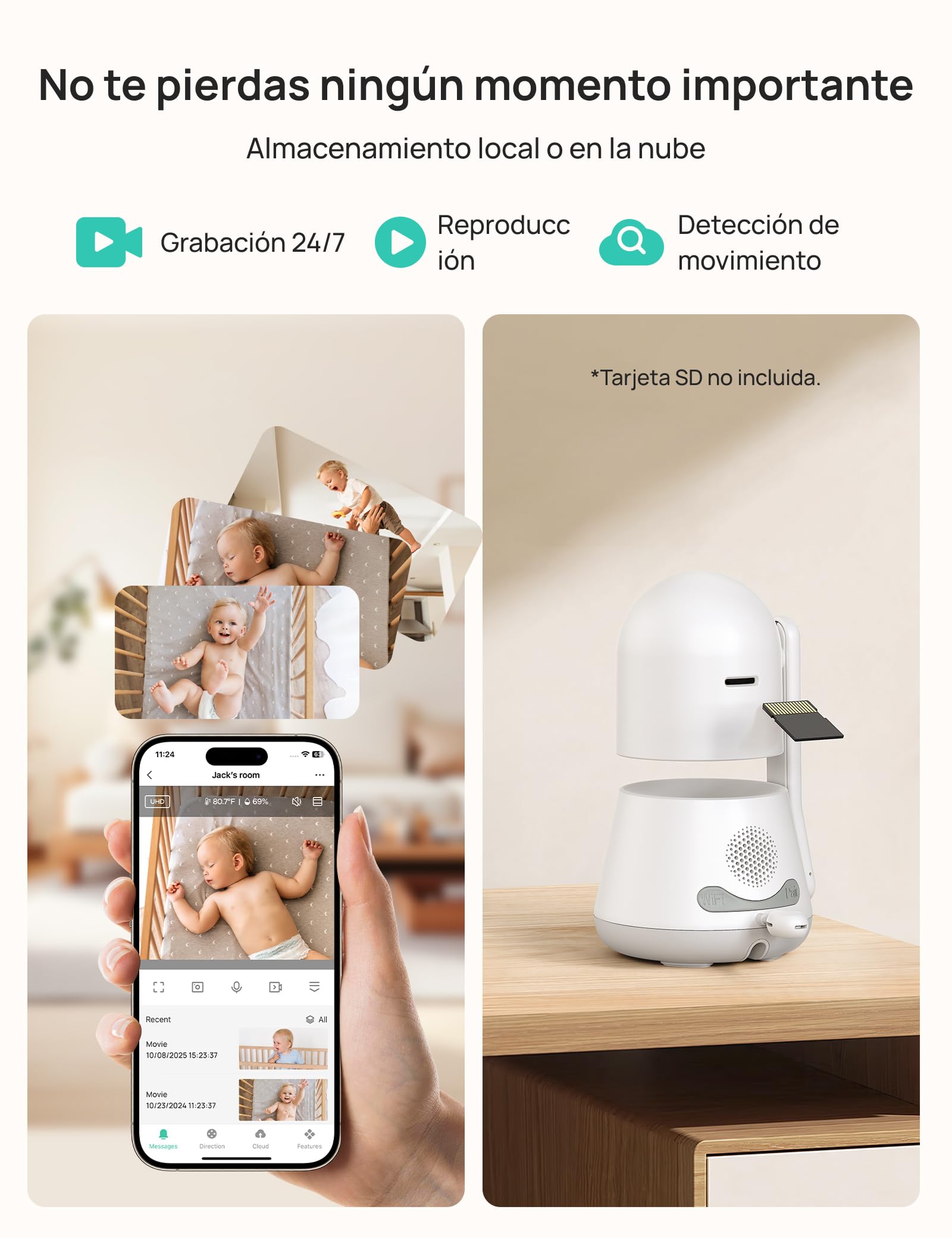 Dr.Care LumiView Cámara Vigilancia Bebé WiFi Inteligente con Clip - Pantalla 5" 1080P & 2K, Control App, Modo Privacidad, Batería 5000mAh, Alertas Llanto y Movimiento, Visión Nocturna, Luz RGB