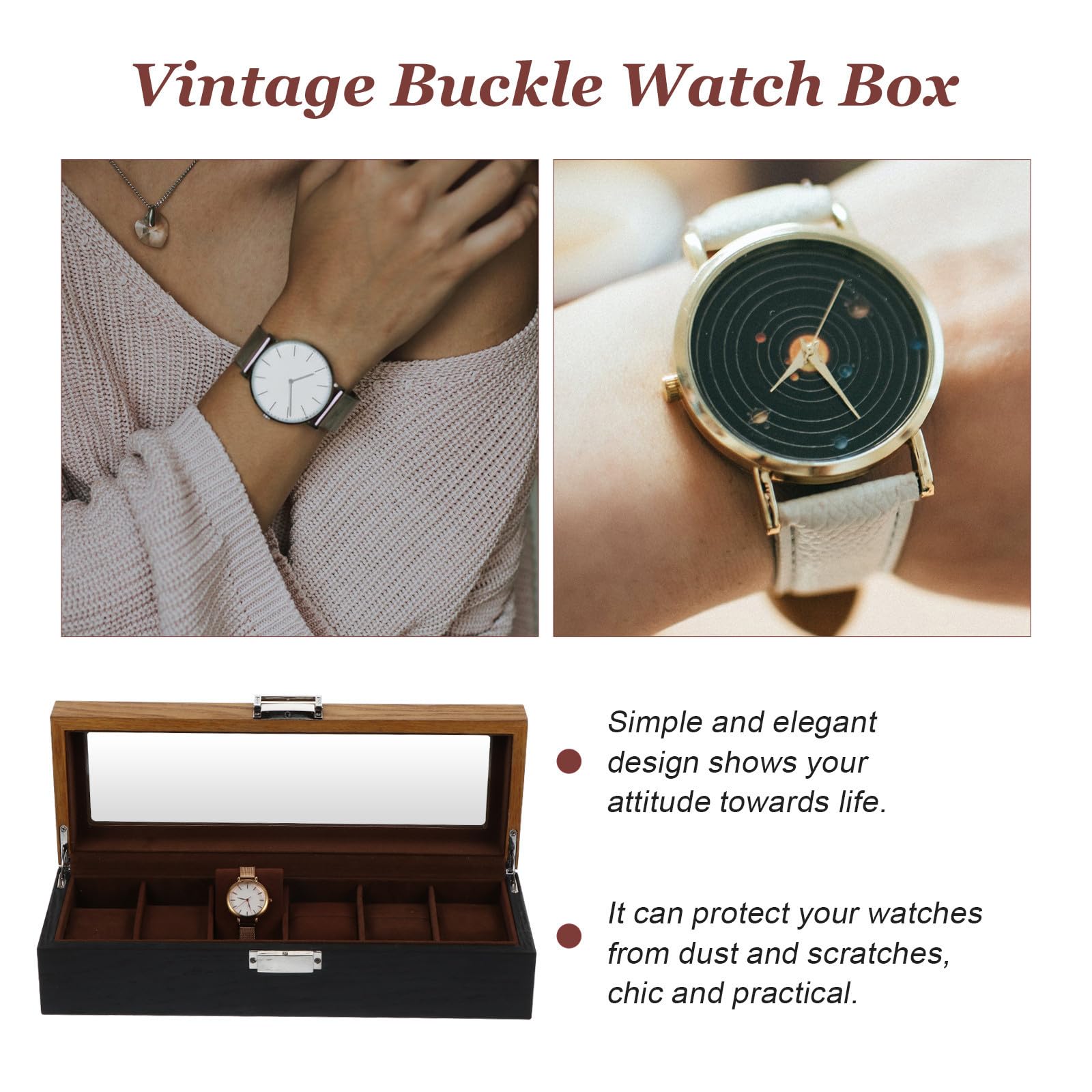 Organizador de Relojes Caja Expositora para Relojes de Madera Retro de 6 Compartimentos, Protege de Arañazos y Daños, Fácil de Limpiar, Obsequio para Cumpleaños y Navidad