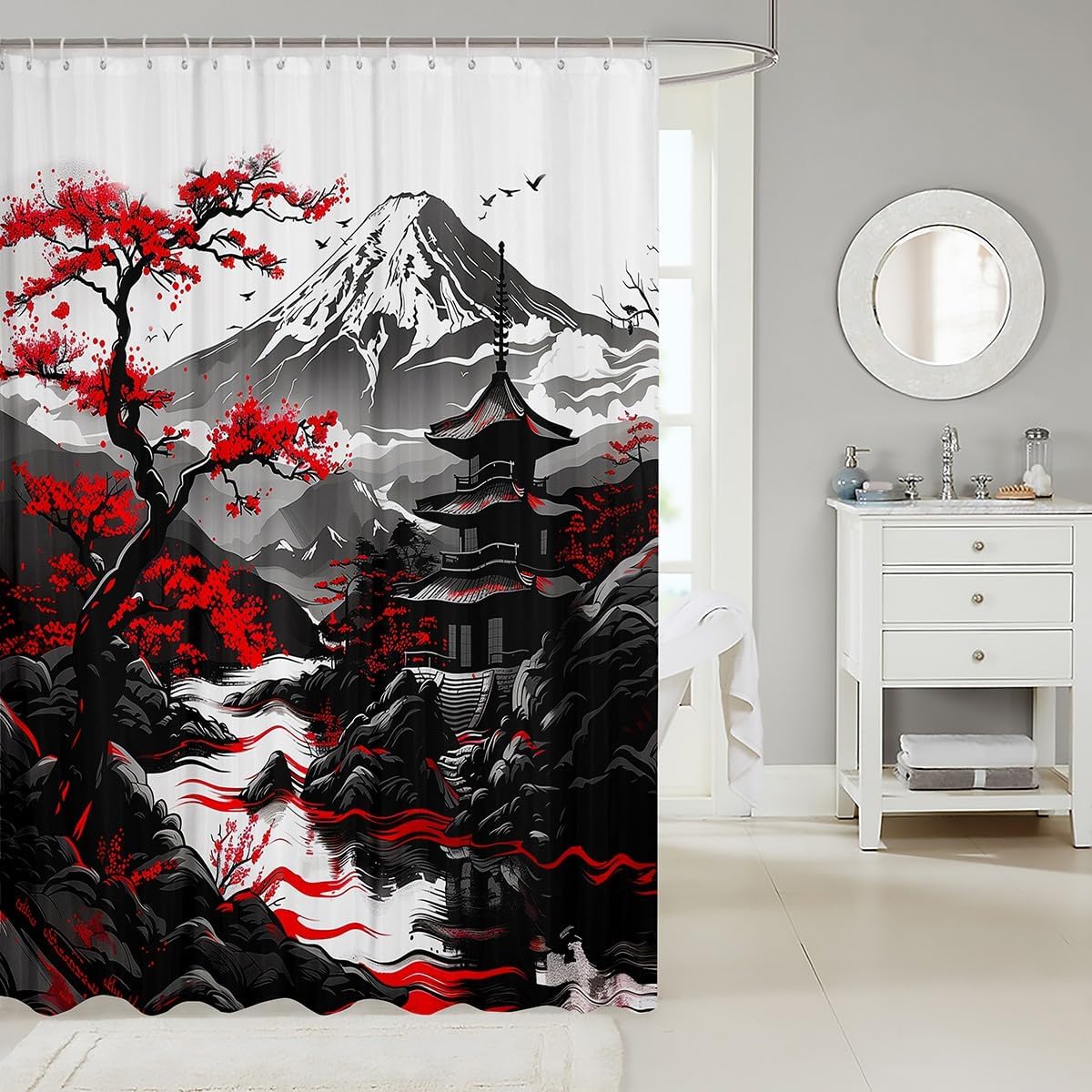 Duschvorhang im Tuschezeichnungs-Stil, wasserdicht und waschbar, 195x240cm(BxH), Pagode, Roter Ahorn, Duschvorhang mit Haken, Badezimmerdekoration, feuchtigkeitsbeständiger Badewannenvorhang
