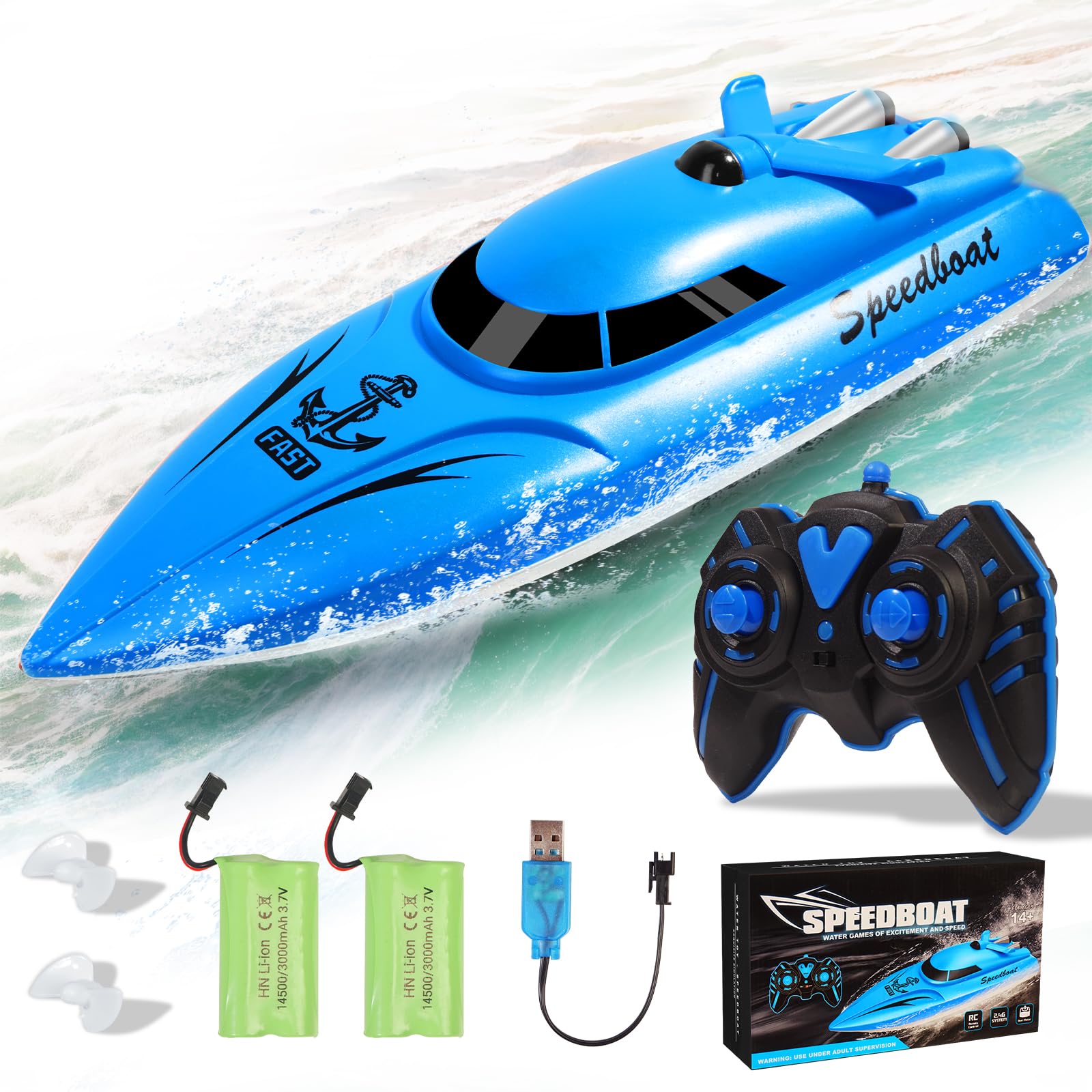 Bateau RC, 2.4 GHz High Speed Mini Boats, Bateaux télécommandés pour piscines et Lacs, Bateau radiocommandé pour Enfants, 30+ Mins, 2 Batteries