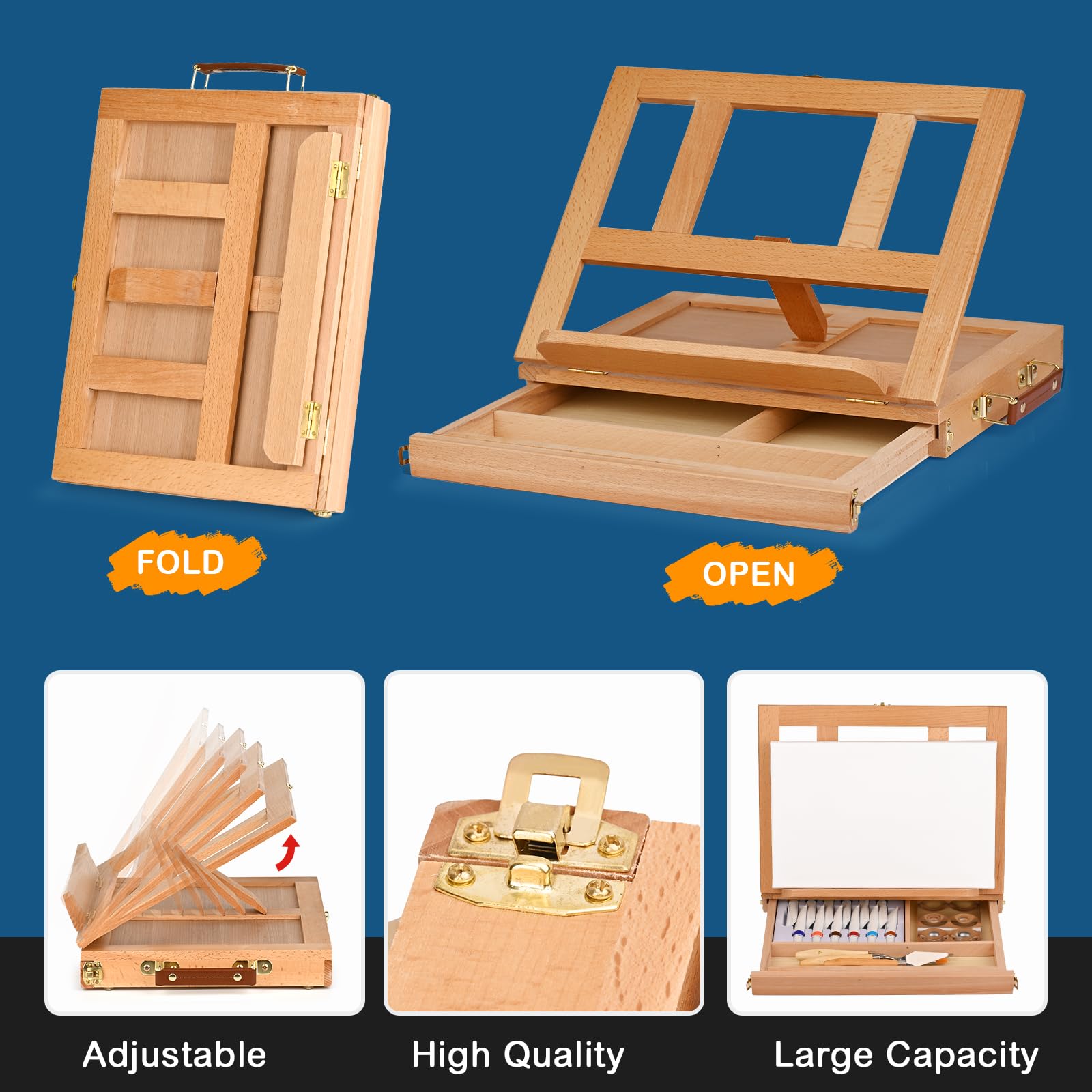Caballete de mesa para pintar, soporte de dibujo ajustable, caja de pintura de madera de haya maciza para principiantes, estudiantes, artistas adultos, se adapta a lienzos, paneles o libros