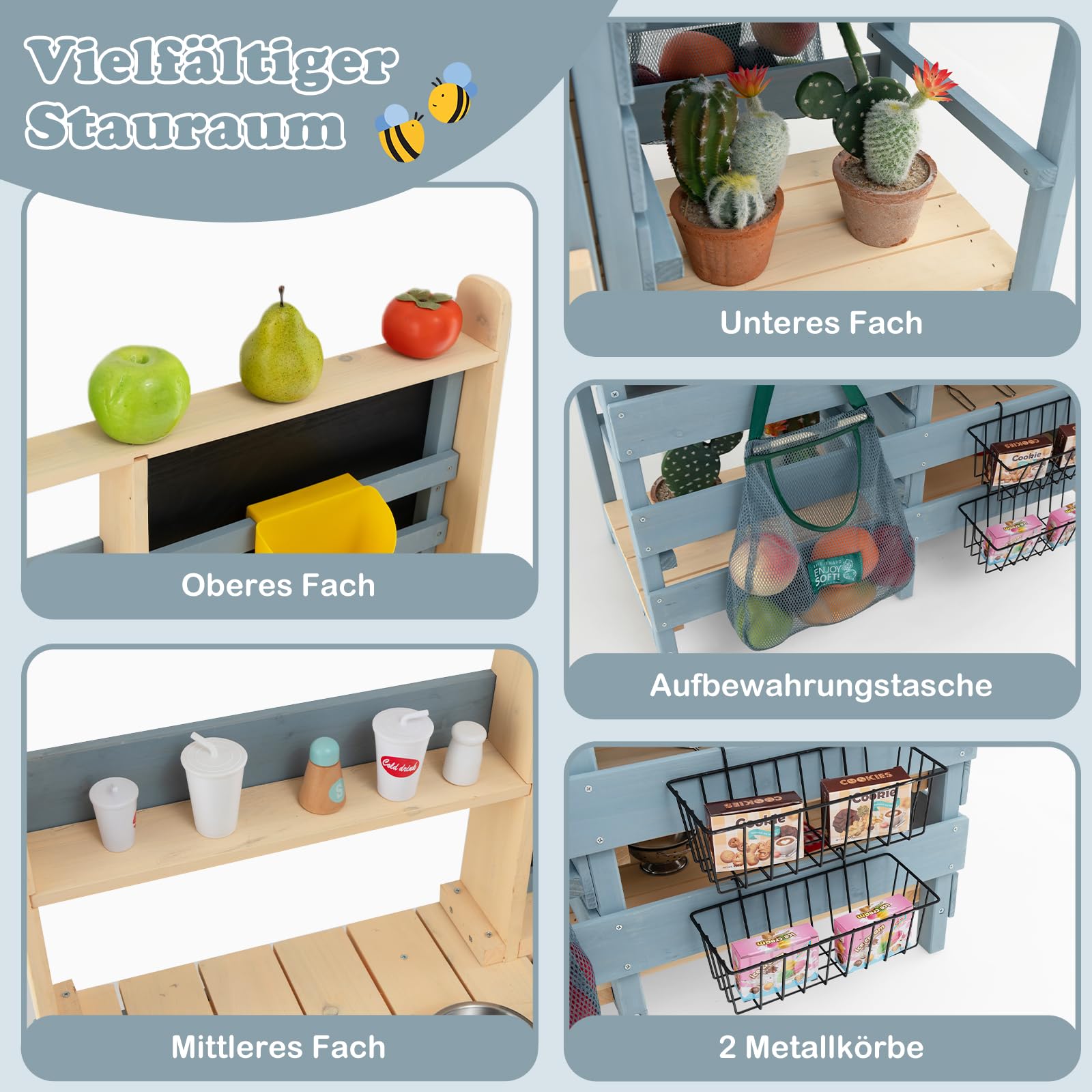 COSTWAY 2 in 1 Kinderküche & Kaufladen, Matschküche Outdoor Kinder, mit Tafel, Metallkörben, Aufbewahrungstasche, Wasserhahn & Waschbecken, Spielküche Holz, Holzküche für Kinder ab 3 Jahren