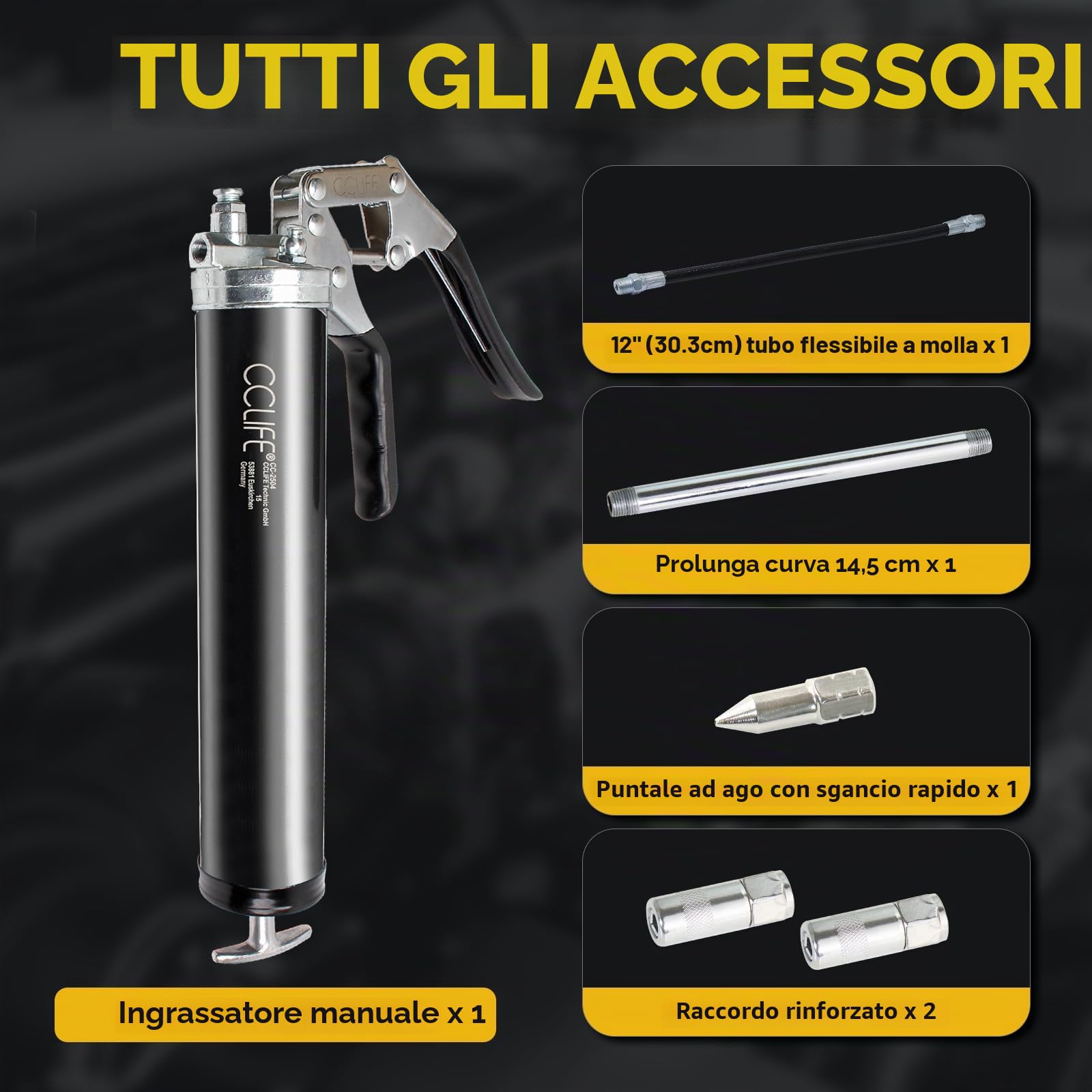 CCLIFE Ingrassatore Manuale 6000 PSI Pompa ingrassatrice professionale per cartuccia da 400 g, Tubo Flessibile, Prolunga in Metallo