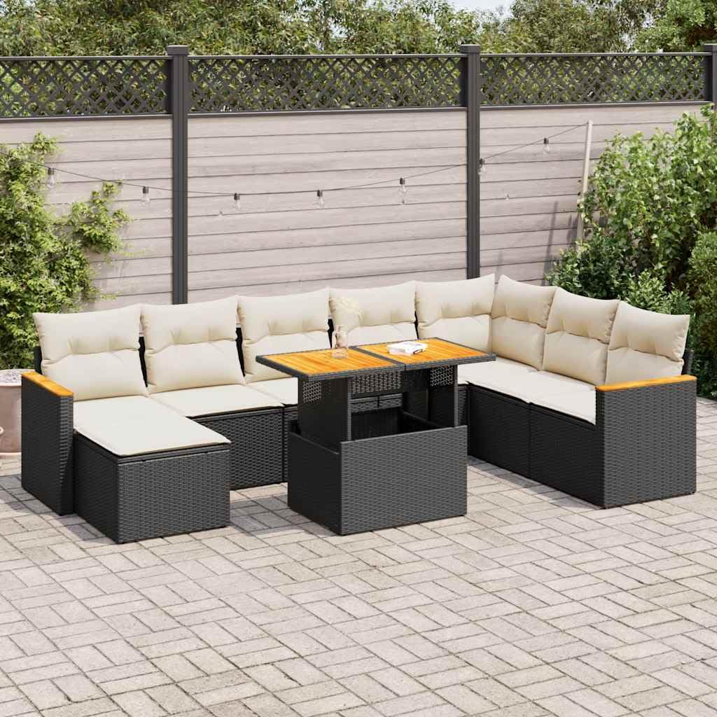 Ensemble de Canapés de Jardin 9 pcs avec Coussins Noir Polyrattan Acacia Meubles de jardin Ensemble d'extérieur Convient pour les jardins